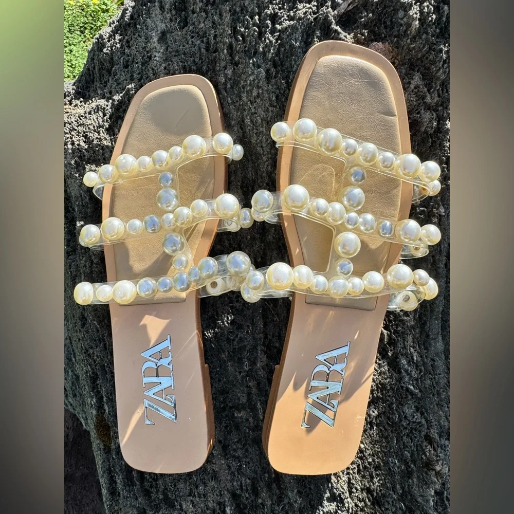 Zara Tan Pearl Embellished Sandals, Size 37(7) - Picture 7 of 10